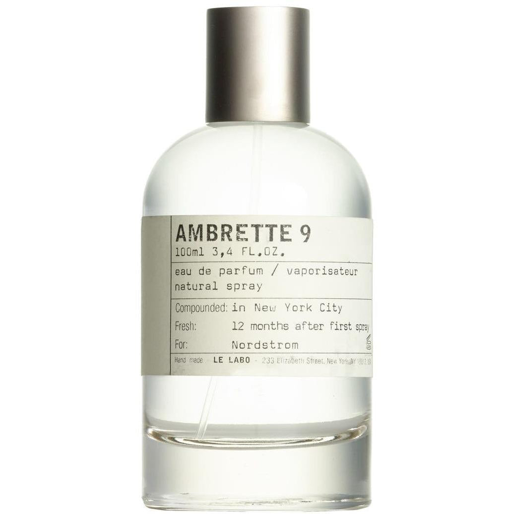 Perfume bottle labeled 'Ambrette 9' by Le Labo on a white background